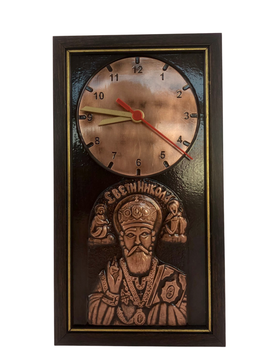 Orthodoxe kleine Wanduhr in Kupfertechnik – Heiliger Nikolaus